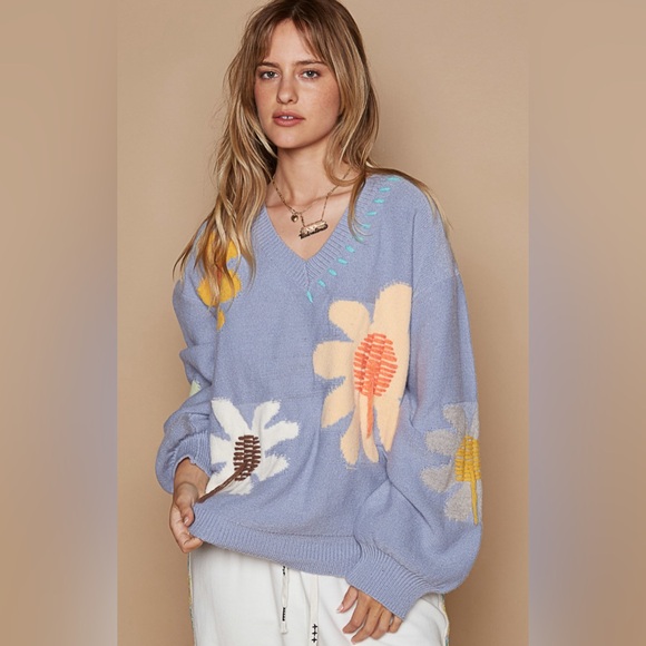 #065 Last 1! POL Floral Print Blue Sweater - Picture 5 of 10